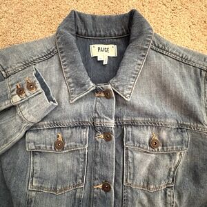 PAIGE Alamar Distressed Jean Jacket Womens XL Blue Denim Stretch Button Front
